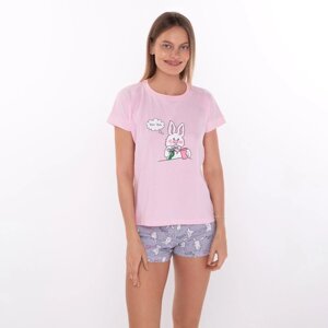 Комплект домашний женский "Зайчики"футболка/шорты), цвет розовый/серый, размер 50