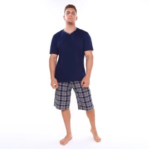 Комплект (футболка/шорты) мужской, цвет синий/клетка, размер 66