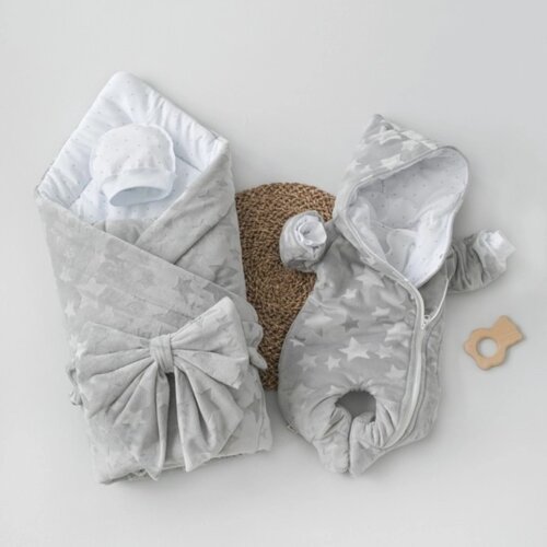 Комплект на выписку зимний KinDerLitto «Пломбир звёздочки», 5 предметов, рост 56-62 см, цвет серый
