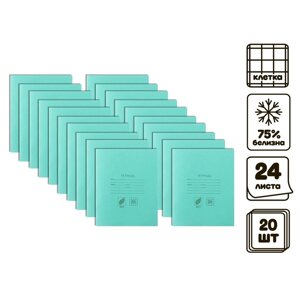 Комплект тетрадей из 20 штук, 24 листа в клетку КПК "Зелёная обложка", 60 г/м2, блок №2, белизна 75%серые листы)