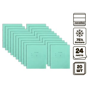 Комплект тетрадей из 20 штук, 24 листа в линию КПК "Зелёная обложка", блок №2, белизна 75%серые листы)