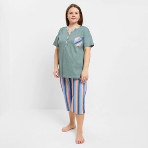 Комплект женский домашний (футболка/бриджи), цвет олива, размер 66
