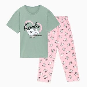Комплект женский домашний (футболка/брюки) Koala", цвет зелёный/розовый, размер 60