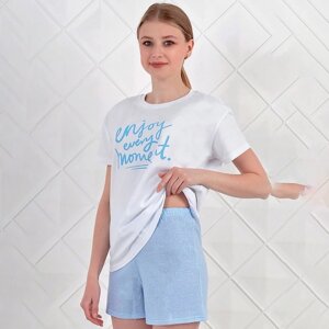 Комплект женский домашний (футболка/шорты), цвет белый/голубой, размер 44