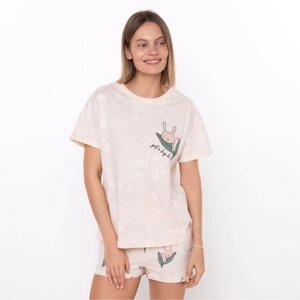 Комплект женский домашний (футболка/шорты), цвет бежевый, размер 52