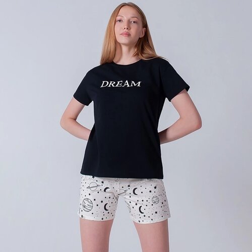 Комплект женский домашний (футболка/шорты), цвет чёрный/молочный, размер 48