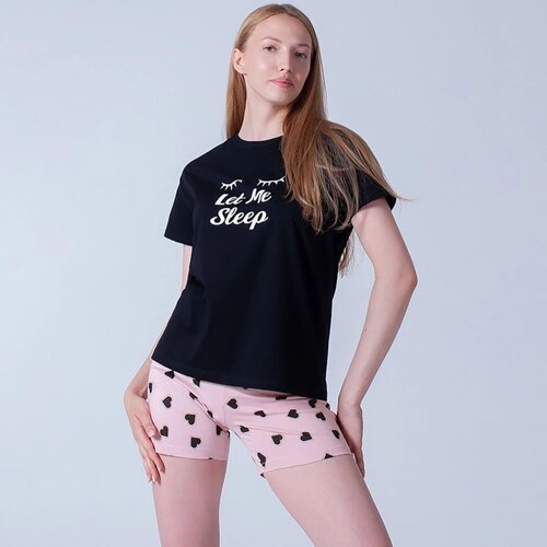 Комплект женский домашний (футболка/шорты), цвет чёрный/розовый, размер 48