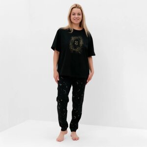 Комплект женский (футболка/брюки), цвет чёрный, размер 48