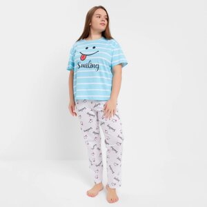 Комплект женский (футболка/брюки), цвет голубой/светло-серый, размер 52