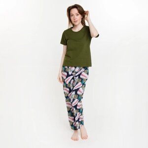 Комплект женский (футболка/брюки), цвет хаки/листья, размер 56