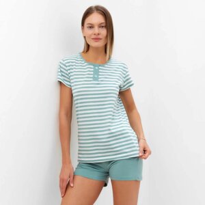 Комплект женский (футболка/шорты), цвет оливковая полоса, размер 46