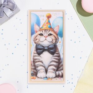 Конверт для денег "С Днём Рождения! кот с колпаком, ручная работа, 16х8 см
