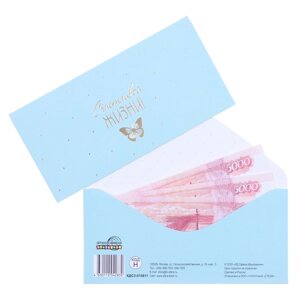 Конверт для денег "Счастливой жизни! бабочка на голубом, тиснение, 17 х 8 см