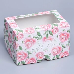 Коробка на 2 капкейка с окном, кондитерская упаковка «Розы», 16 х 10 х 10 см