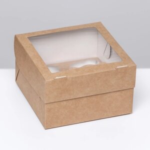 Коробка под 4 маффина с окном, крафт, 16 х 16 х 10 см