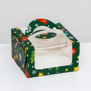 Коробка под бенто-торт с окном "Новогодняя изумрудная", 14 х 14 х 8 см