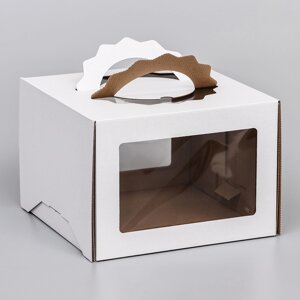 Коробка под торт 3 окна, с ручками, белая, 28 х 28 х 20 см