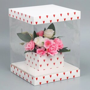 Коробка подарочная для цветов с вазой и PVC окнами складная, упаковка, «Сердца», 23 х 30 х 23 см