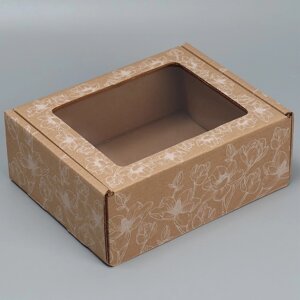 Коробка подарочная сборная с окном, упаковка, «Цветы», бурый ,27х10х21 см