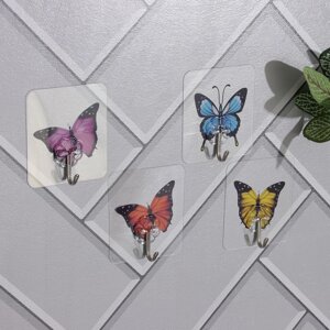 Крючок на липучке «Бабочки», 4 шт, цвет и рисунок МИКС