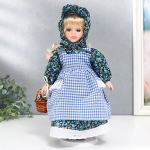 Кукла коллекционная керамика "Маруся в синем цветочном платье и косынке" 30 см
