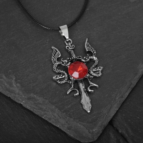 Кулон «Готика» драконы и крест, цвет красный в серебре на чёрном шнурке, 46 см