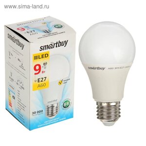 Лампа cветодиодная Smartbuy, E27, A60, 9 Вт, 3000 К, теплый белый свет