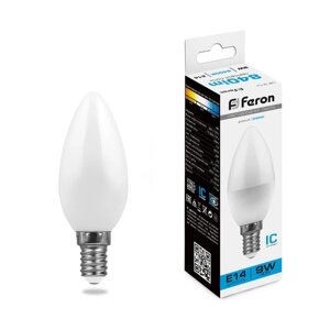 Лампа светодиодная FERON, C37, 9 Вт, E14, 840 Лм, 6400 К, 200°100х37, холодный белый