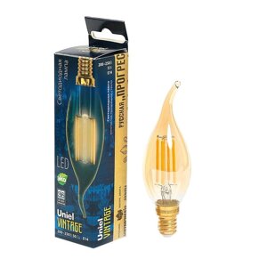 Лампа светодиодная Uniel Vintage, C35, 5 Вт, E14, свеча на ветру, золотистая колба