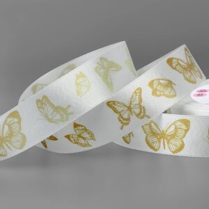 Лента атласная «Золотые бабочки», 25 мм, 23 1 м, цвет белый
