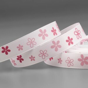 Лента репсовая «Цветочки», 15 мм, 23 1 м, цвет белый/розовый