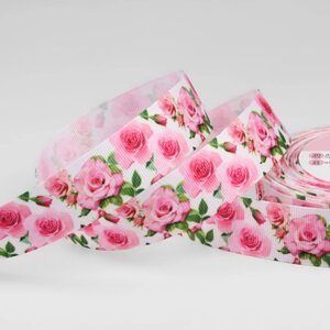 Лента репсовая «Розы», 25 мм, 18 1 м, цвет белый/розовый