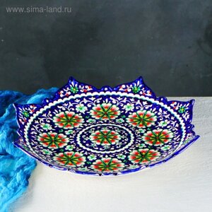 Ляган Риштанская Керамика "Цветы", 41 см, рифлёный, синий