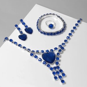 Набор 4 предмета: серьги, колье, браслет, кольцо «Сердце» в кругах, цвет синий в серебре