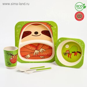 Набор бамбуковой посуды «Ленивец», 5 предметов: тарелка, миска, стакан, вилка, ложка