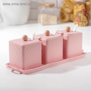 Набор банок керамических с ложками на подставке «Антураж», 3 предмета: 400 мл, цвет розовый