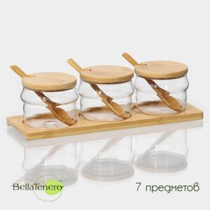 Набор банок стеклянных для сыпучих продуктов с ложками на бамбуковой подставке BellaTenero «Эко. Грани», 3 предмета: 295 мл, 301013 см