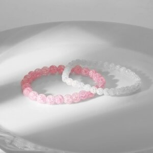 Набор браслетов шар №6 и №8 «Кварц сахарный», цвет бело-розовый