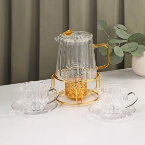 Набор чайный из стекла «Блаженство», 6 предметов: чайник 600 мл, чаша 150 мл, блюдце d=12см, подставка 126,5 см