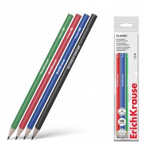 Набор чернографитных карандашей 4 штуки, ErichKrause "Classic triangle", HB, грифель d=2.2 мм, пластик, трехгранные, в пакете, микс