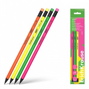 Набор чернографитных карандашей 4 штуки HB ErichKrause "JOY Neon" пластик, круглых с ластиком