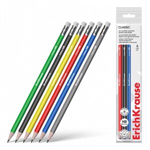 Набор чернографитных карандашей с ластиком 4 штуки ErichKrause "Classic triangle", HB, грифель d=2.2 мм, пластик, трехгранные в пакете, микс