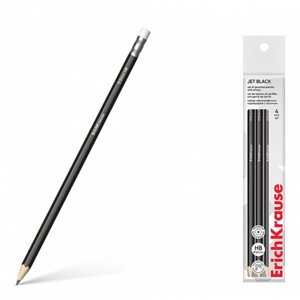 Набор чернографитных карандашей с ластиком 4 штуки ErichKrause "Jet Black", HB, грифель d=2.2 мм, дерево, шестигранных в пакете, чёрный корпус