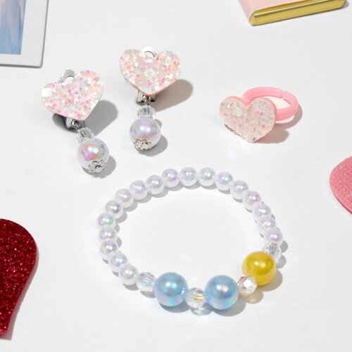 Набор детский «Выбражулька» 3 предмета: клипсы, браслет, кольцо, сердечки, цветной