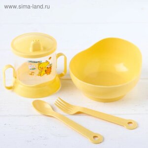 Набор детской посуды, 4 предмета: миска, ложка, вилка, поильник с твёрдым носиком 200 мл, цвета МИКС