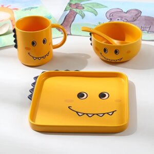 Набор детской посуды из керамики «Дино», 4 предмета: блюдо 19,520,5 см, миска 350 мл, кружка 350 мл, ложка, цвет жёлтый