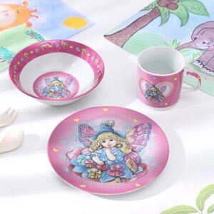 Набор детской посуды из керамики Доляна «Дюймовочка», 3 предмета: кружка 230 мл, миска 400 мл, тарелка d=18 см, цвет белый