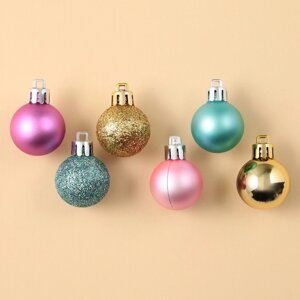Набор ёлочных шаров, d-3 см, 28 шт, пластик, цвета голубой, розовый и золотой