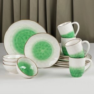 Набор фарфоровой посуды Доляна «Космос», 16 предметов: 4 тарелки d=21 см, 4 тарелки d=27,5 см, 4 миски d=13 см, 4 кружки 400 мл, цвет зелёный