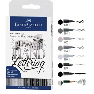 Набор капиллярных ручек для Леттеринга Pitt Artist Pen Lettering 7 предметов: ручка-кисть 6 цветов оттенки серого, механический карандаш 0.5, точилка), Faber-Castell
